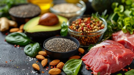 Keto-Friendly Ingredients: Close-up shots of keto-friendly ingredients nuts, seeds, lean meats, and green leafy vegetables, arranged in a visually appealing manner - obrazy, fototapety, plakaty