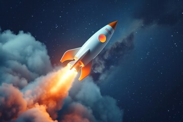 Startup and breakthrough concept with launched rocket to the space. Generative AI.
