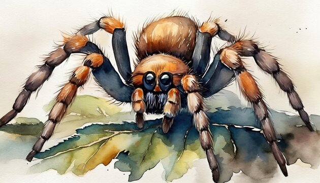 The watercolor of the Tarantula spider on the ground.