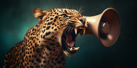 Portrait of leopard with intense eyes Leopard announcing using hand speaker. Notifying, warning, announcement. - obrazy, fototapety, plakaty