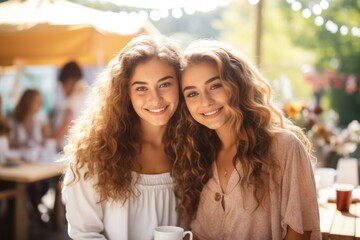 Two girlfriends are sitting in a restaurant. Meeting of friends. Sisters. Curly blond hair. Morning. Breakfast. Hotel. wedding, birthday, twins, twins,