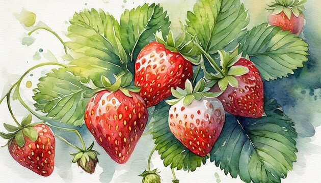 The juicy ripe watercolor strawberries with green leaves on a white background.