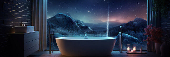 Beautiful bathroom with a starry night theme and bathtub - obrazy, fototapety, plakaty