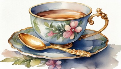 Fototapeta premium Watercolor vintage tea cup on saucer with golden spoon and floral pattern isolated on white background. 