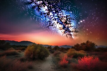 Vibrant celestial landscape with a dreamy, artistic sunset adorned by stars, galaxies, and an explosion of colors. Generative AI