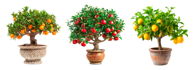 Roman style pot trees of orange, apple and lemon over white transparent background