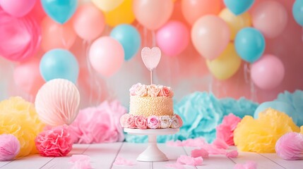 Cenário de aniversário infantil para fundo fotográfico com um lindo bolo de aniversário colorido