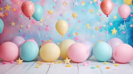 Cenário de aniversário infantil para fundo fotográfico com muitas bexigas e confete.