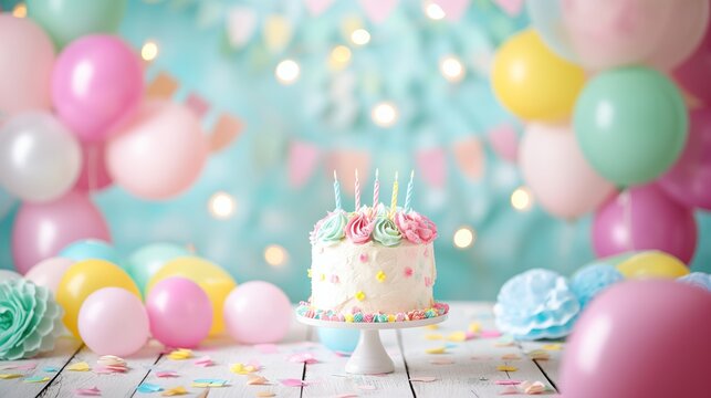 Cen&aacute;rio de anivers&aacute;rio infantil para fundo fotogr&aacute;fico com um lindo bolo de anivers&aacute;rio colorido