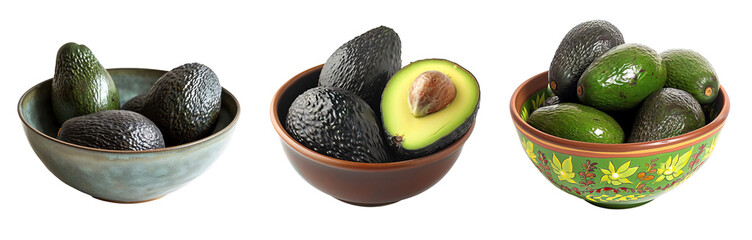 Avocados in different ceramic bowls over white transparent background