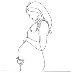 Continuous Line Drawing Pregnant Woman. Single Line Drawing of Pregnant Woman. Happy Mom Minimalist Contour Illustration