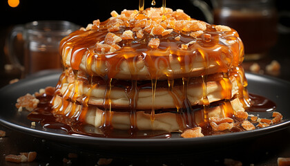 Freshly baked pancake stack with melted chocolate and caramel sauce generated by AI