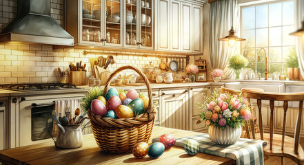 A painting of a kitchen with a basket of Easter eggs