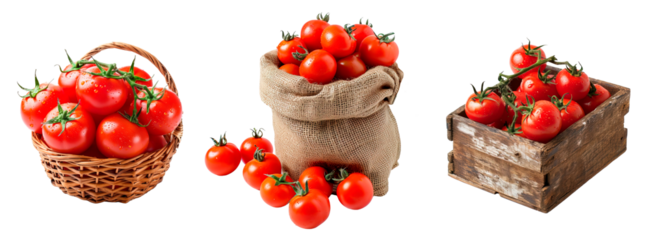 Gourmet tomatoes in wicker basket, burlap bag and wooden bin over white transparent background