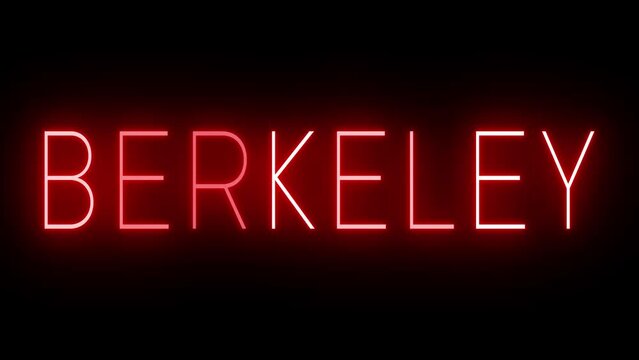 Flickering red retro style neon sign glowing against a black background for BERKELEY