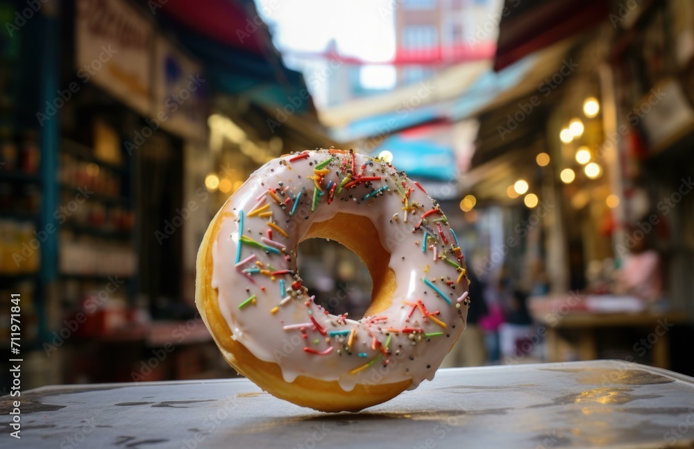 Poster a donut with sprinkles on top of a table. generative ai.
