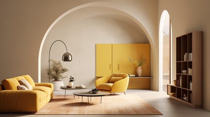 style living room furniture interior design, yellow furniture minimalism