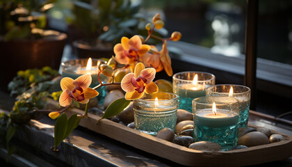 Obraz na płótnie Canvas Candle flame flickers, nature tranquility, orchid beauty, pampering relaxation generated by AI