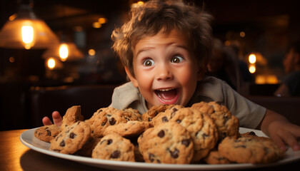 Cute child smiling, indulging in sweet chocolate chip cookie indoors generated by AI