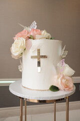 Baptism Cake with pink roses