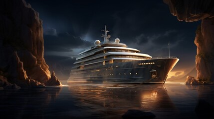 Illustrate a superyacht anchored near an ancient temple, with the lights from the vessel casting a warm