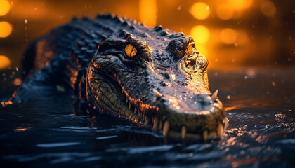 Large crocodile in the dark swamp, its teeth ready to strike generated by AI