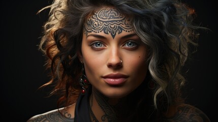 Obraz premium Portrait of happy young caucasian woman with tattoos on face.