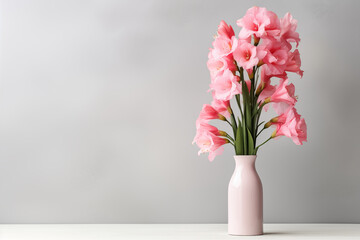 Gladiolus in a vase isolated background, space on right for copy text, card concept
