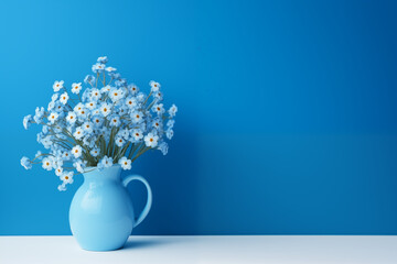 Forget-me-not in a vase isolated background, space on right for copy text, card concept
