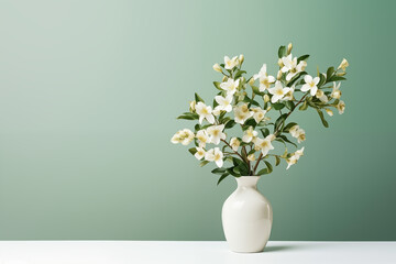 Jasmine in a vase isolated background, space on right for copy text, card concept