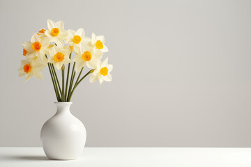 Narcissus in a vase isolated white background, space on right for copy text, card concept