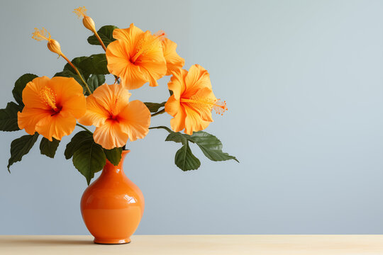 Orange hibiscus in a vase isolated background, space on right for copy text, card concept