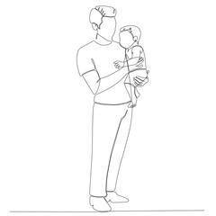 Happy fathers day. One continuous line drawing of a man with a child. Father and his children. The young father smiles and holds the baby in his arms, clutching him to himself. Vector illustration