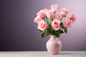 Pink roses in a vase isolated background, space on right for copy text, card concept