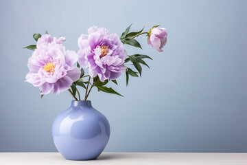 Violet Peony in a vase isolated background, space on right for copy text, card concept