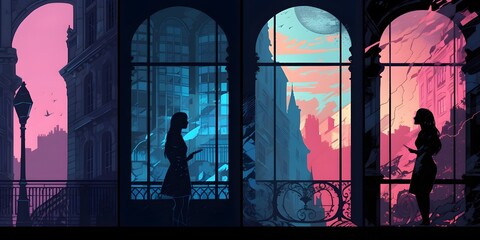 silhouettes of women overlooking different shades of windows, in the style of noir comic art