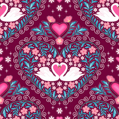 Love Swan Valentine seamless pattern. pink maroon heart botanical floral print. good for fabric, card, wallpaper, bedding, fashion design, textile, background.