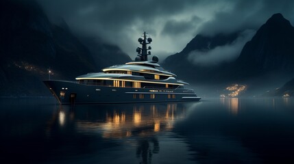 Illustrate a superyacht anchored in a bay surrounded by mist-covered mountains, with the lights from the vessel creating an ethereal ambiance. - obrazy, fototapety, plakaty