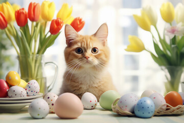 Cat sits on the table, next to the tulips flower and a basket with painted eggs. Easter concept.