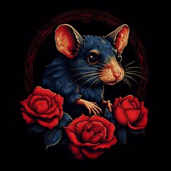 illustration of a mouse with a red rose on a black background. generative ai
