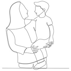Happy Mother's Day card. Continuous one line drawing. Woman holding her baby. Vector illustration