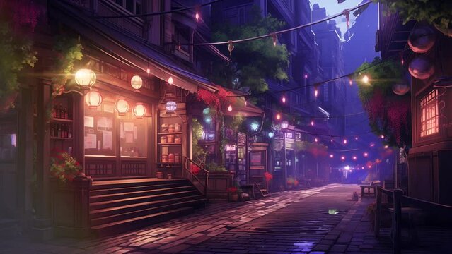 Animated illustration of a street in front of a busy traditional market with shops selling goods, with lights on at night. Can be used for sales activities. Background animation.