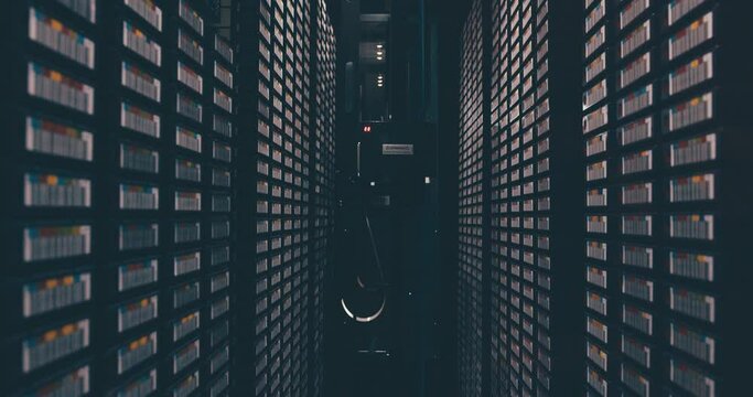 System, hardware and server room background for information technology, cybersecurity or GDPR. Mainframe connection, cloud computing network and machine for data center backup or network engineering