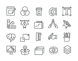 Graphic design simple minimal thin line icons. Related graphic desiigner creativity, tools, drawing. Editable stroke. Vector illustration.