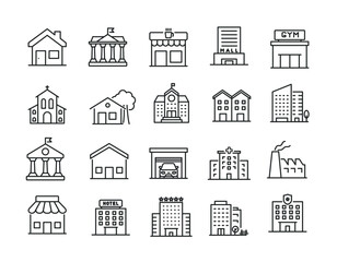 Building simple minimal thin line icons. Related skyscrapers, church, museum, school. Editable stroke. Vector illustration.
