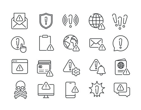 Warning simple minimal thin line icons. Related risk, hazard, notification, danger. Editable stroke. Vector illustration.