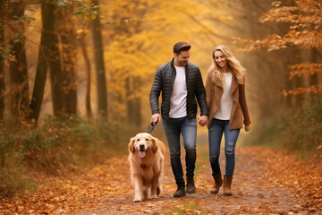 couple and their dog enjoying a walk in an autumn setting. They are surrounded by trees adorned with vibrant orange and yellow leaves.