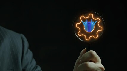 Magnifying glass focus on neon illustration group of business man, have gear icon behind. The concept for cooperation and teamwork.