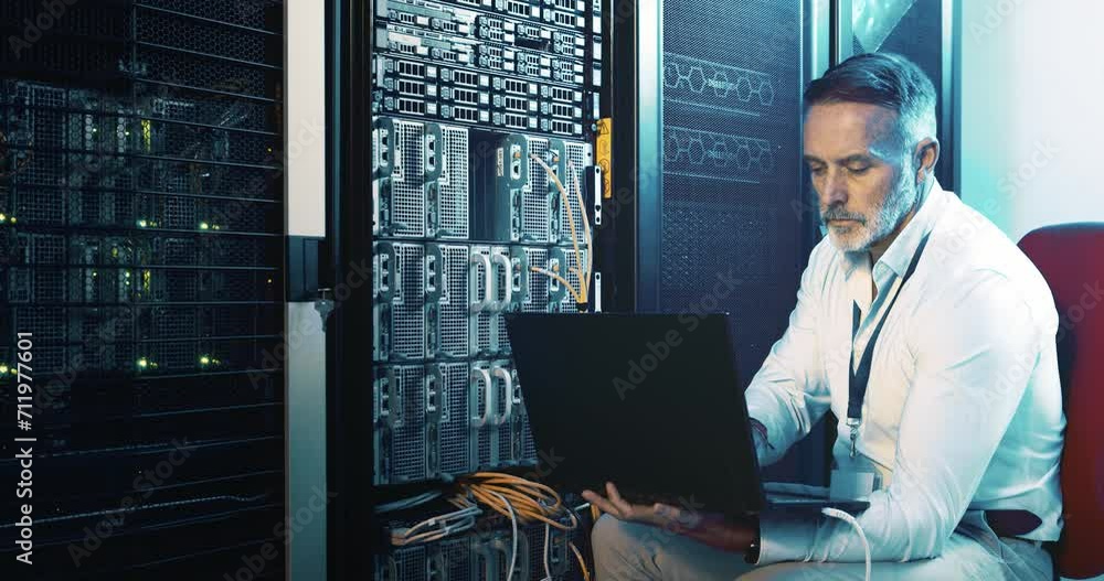 Poster Mature man in data center with laptop, cable in network maintenance and engineer in digital storage for database update. Tech, system administration and technician online in server room with computer