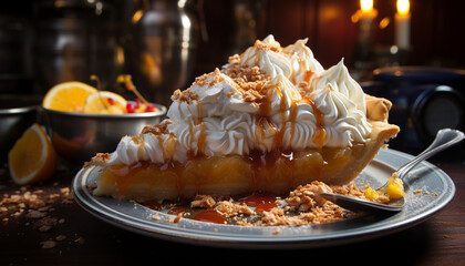 Fototapeta premium Gourmet dessert, freshness on plate, sweet food, homemade whipped cream generated by AI